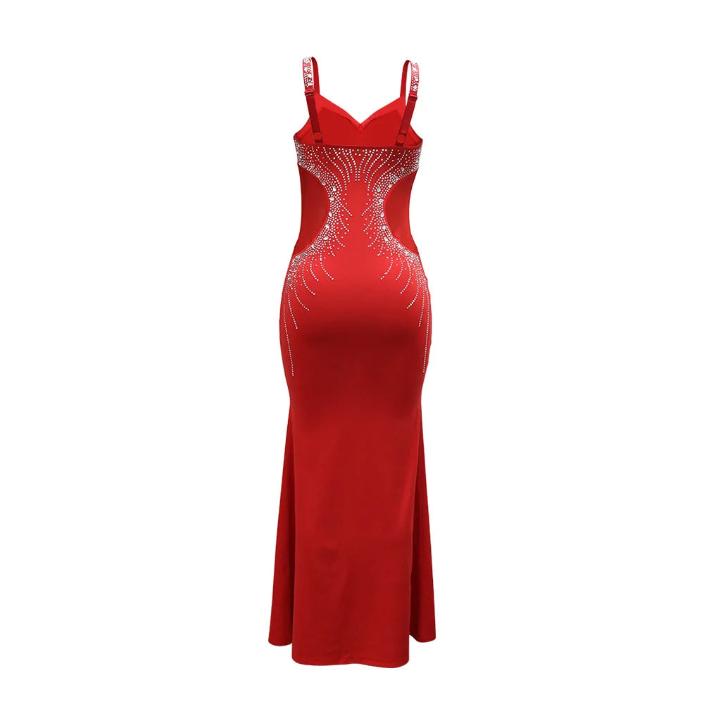 Women Spaghetti Strap Rhinestone Floor Length Mermaid Party Dress
