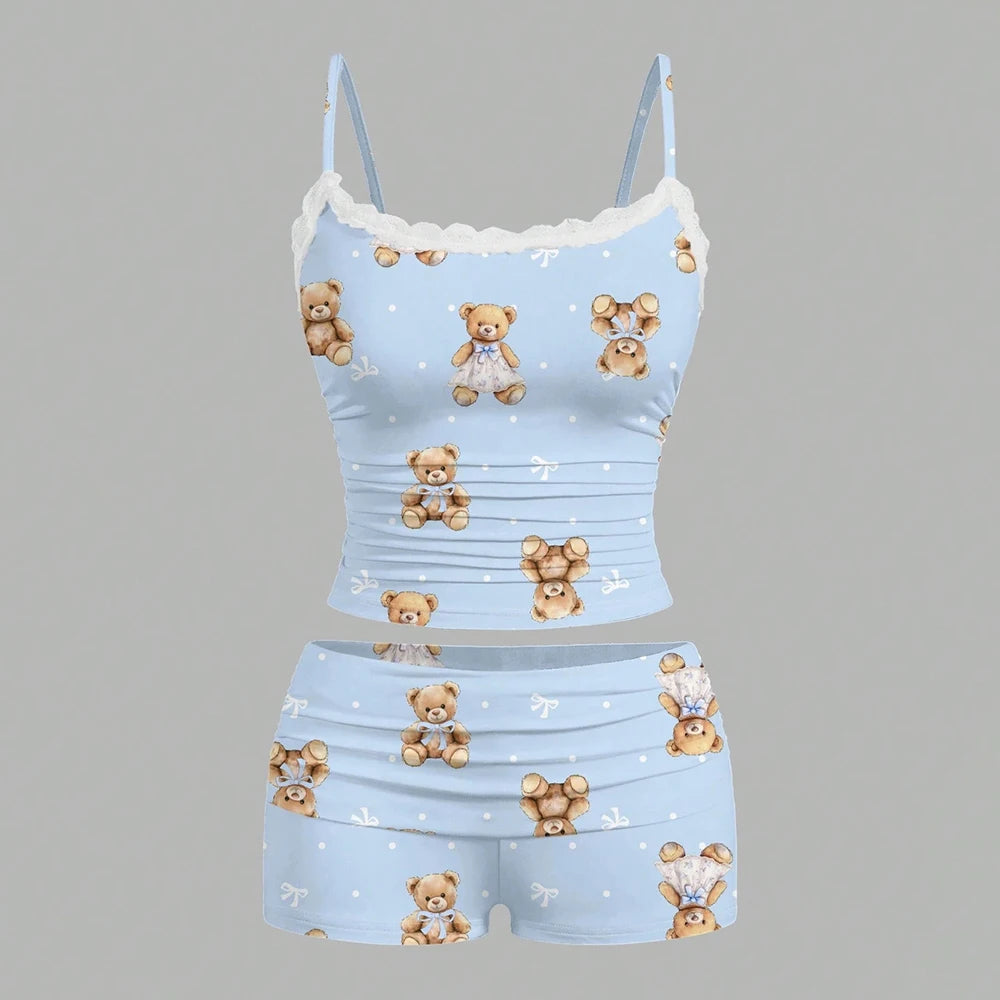 Women's Sets Summer Sweet Cute Graphic Printing Lace Sleeveless Round-Neck Tanks Low Waist Shorts Casual Sets
