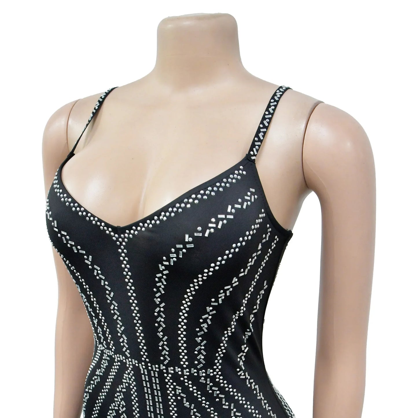 Women's Sexy Solid Color Spaghetti Strap Rhinestone Decor Deep V Neck Party Dress