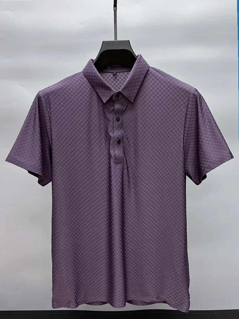 Men's Summer Luxury and Fashionable Casual Waffle Short Sleeve Polo Shirt, Lapel, Ice Silk, and High-End Breathable T-Shirt