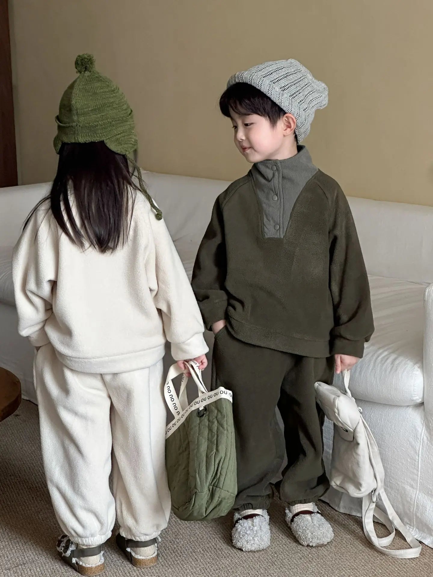 Unisex 2Pcs Autumn Winter Warm Clothing Set Fleece Hoodie and Pants Suit Turtleneck Double Fleece Kids Tracksuit