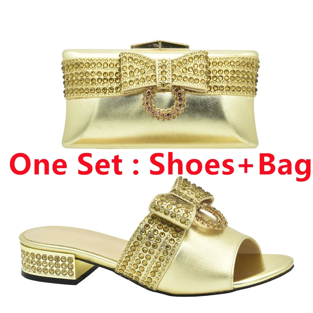Italian Ladies Shoes and Bags To Match Set Decorated with Rhinestone Sling Backs Low (1cm-3cm) Luxury Shoes Women Designers