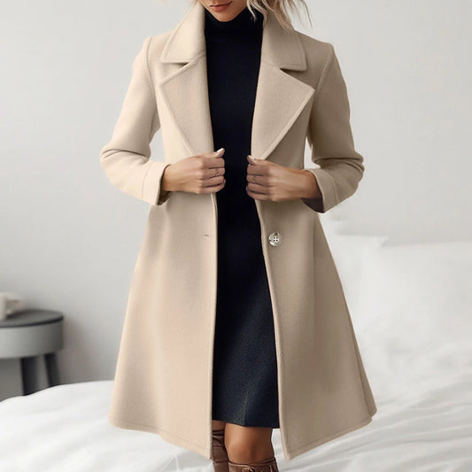 Women's Single Breasted Maxi Coat French Apricot Lapel Long Sleeve Loose Fit Casual Autumn Winter Overcoats