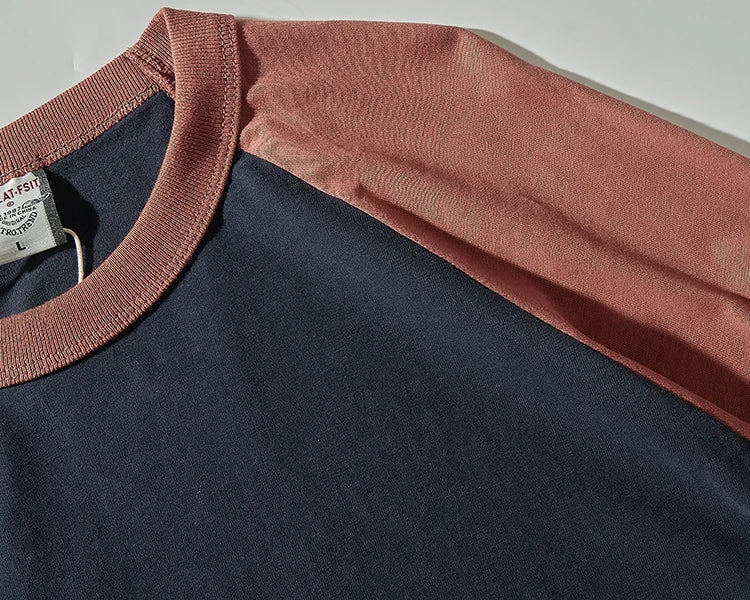 Autumn New American Retro Long Sleeve O-neck Contrast Splicing T-shirt Men's Fashion 100% Cotton Washed Old Casual Sport Tops