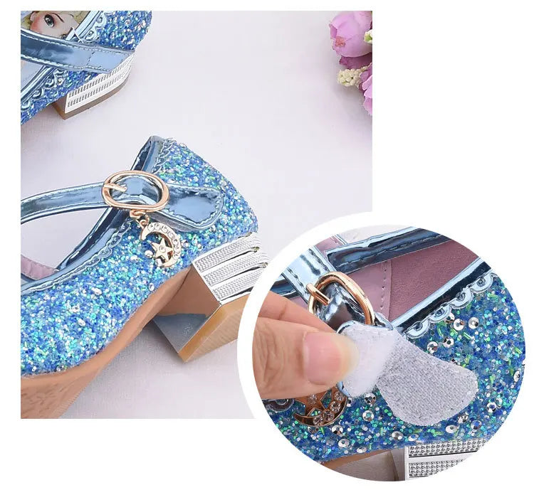 Frozen Elsa Princess Girls Leather Crystal Shoes Glitter Casual High Heels Girls Sandals Pink Blue Silver Elsa Shoes