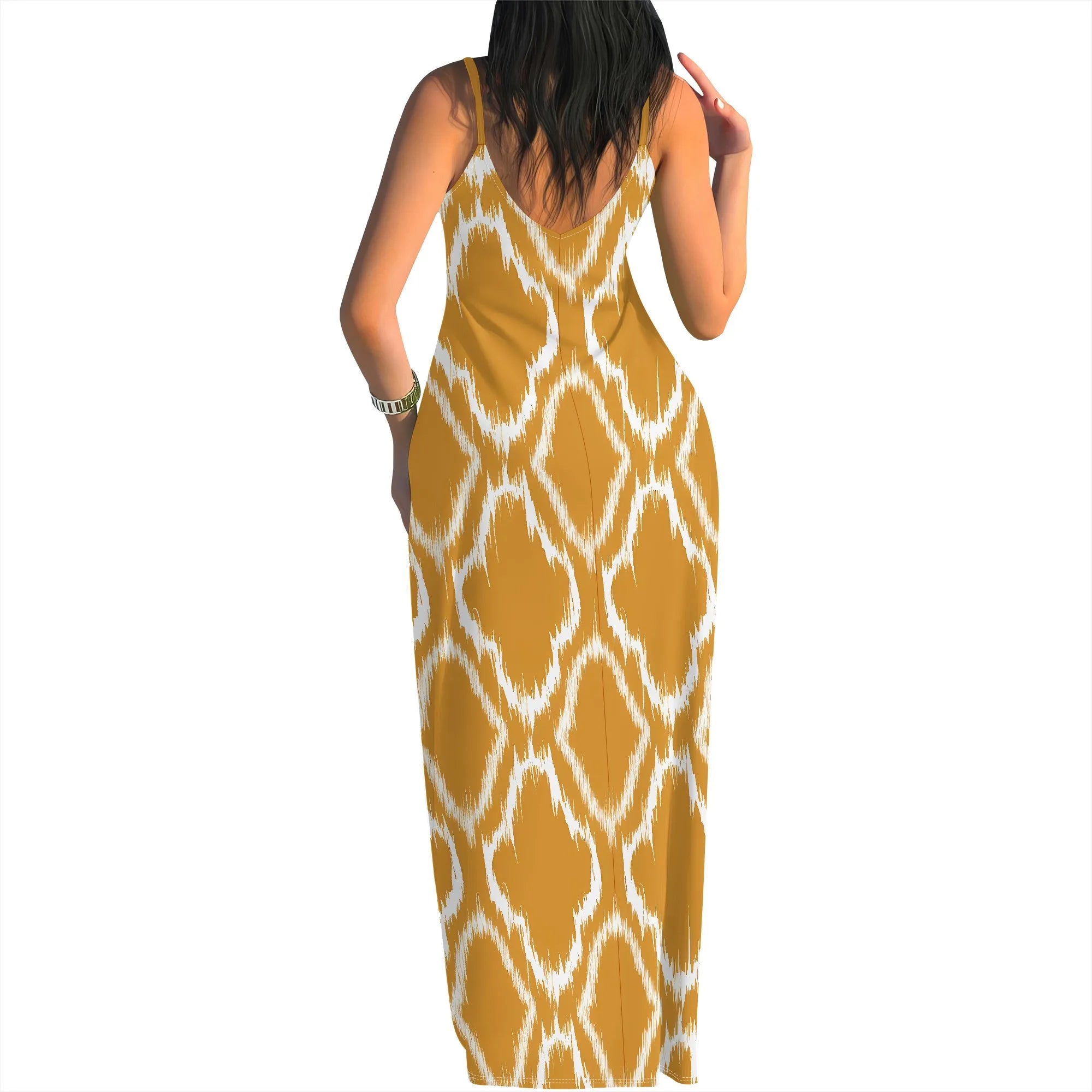 Yellow Ikat Print Sleeveless Maxi Dress for Women Summer Casual Slim Fit Beach Long Dress