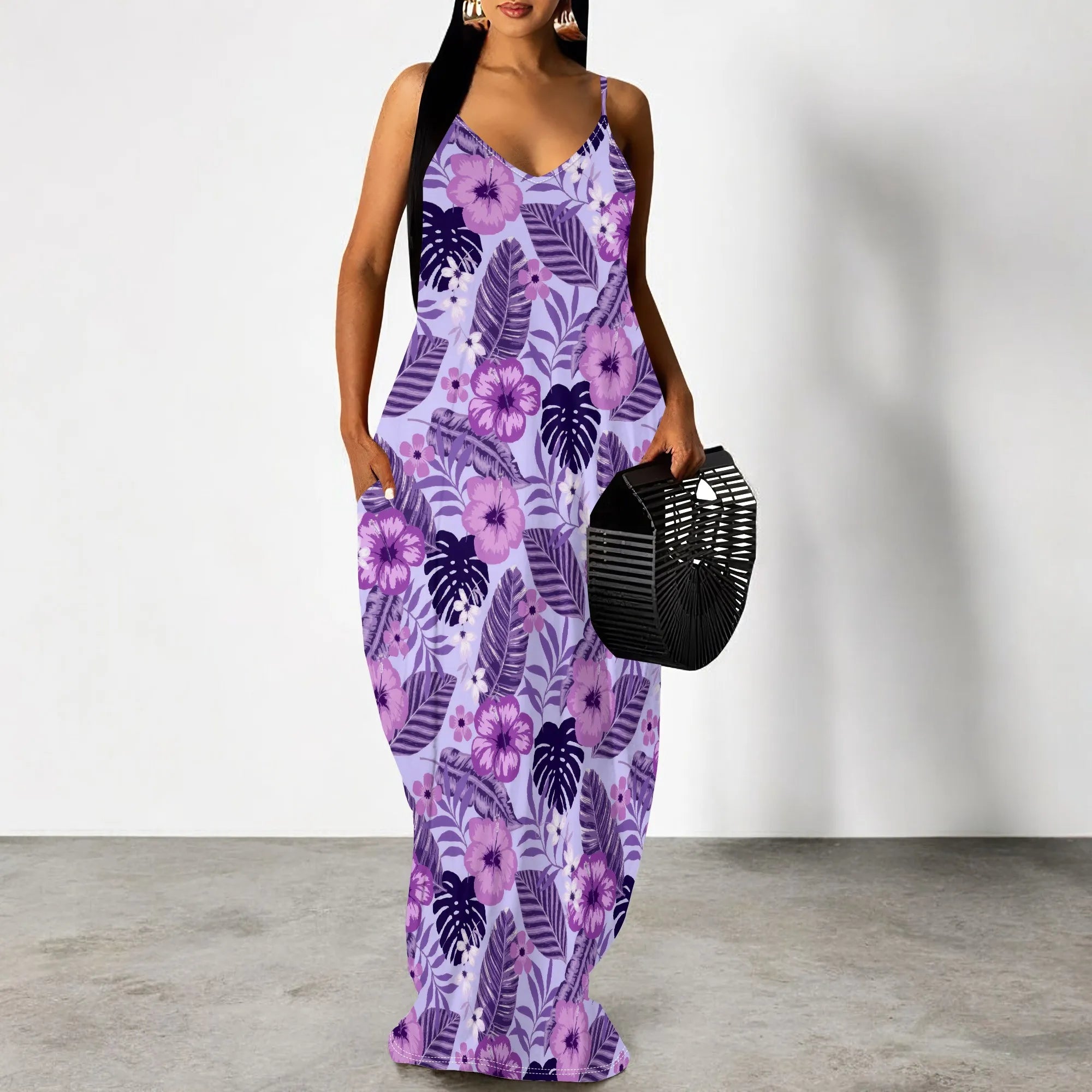 Purple Floral Print Spaghetti Strap Maxi Dress Women Tropical Sleeveless Summer Look