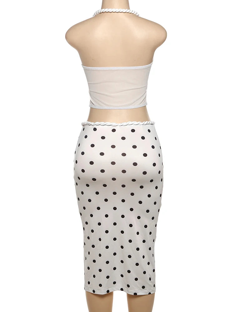 Polka Dots 2 Piece Set Women Twist Bandage Halter Hollow Camisole + Skinny Mid Skirts Street Fashion Elegant Outfits For Women