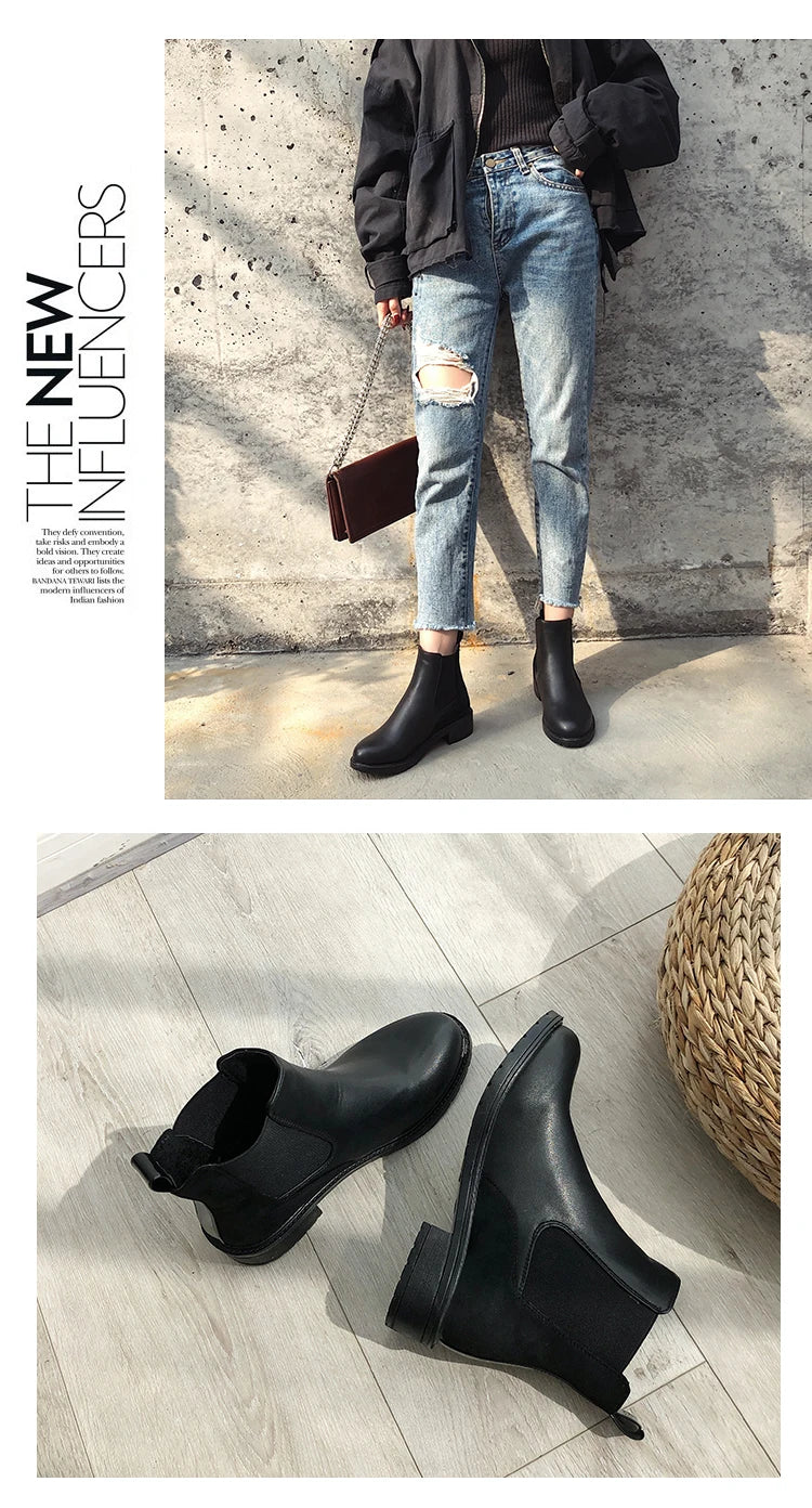 Women's Chelsea Boots Black PU Leather Round Toe Low Heels Snow Retro Chunky Heel Platform British Sole Autumn Winter Wear