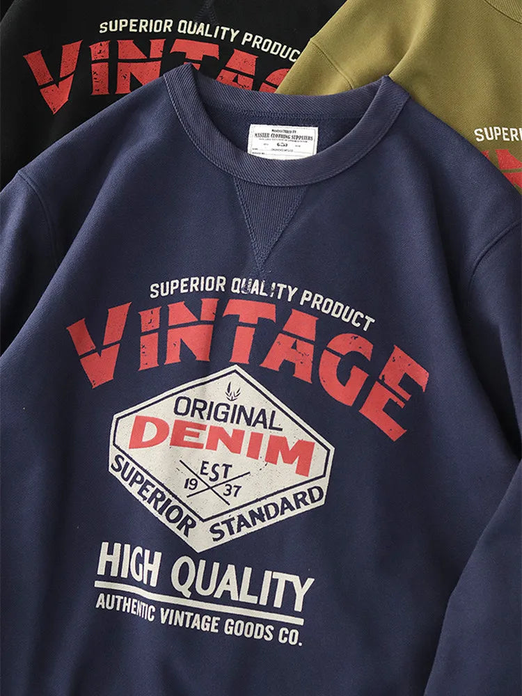 Autumn New American Retro Heavyweight 500g Letter Printed Sweatshirts Men's Fashion 100% Cotton Washed Pullover Casual Sportwear