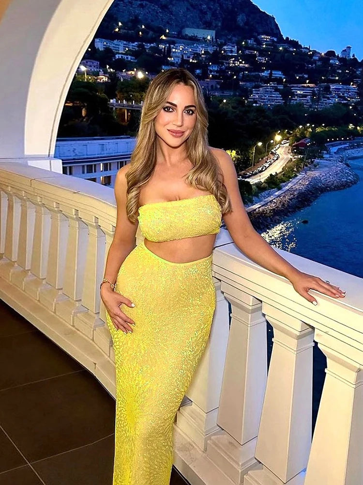 Sequins 2-Piece Set Women Glitter Tube Tops + Long Skirts Skinny Summer Trend Beach Party Matching Vacation Sexy Suit