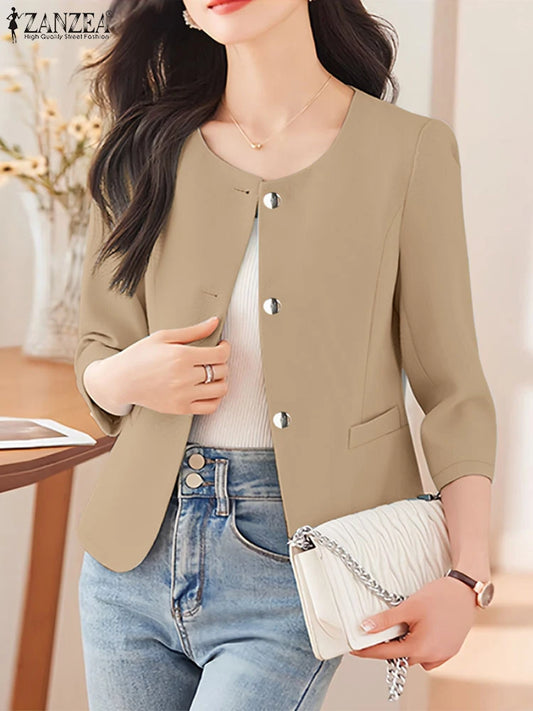 Elegant Women Over Shirts 2025 Autumn Fashion Round Neck 3/4 Sleeve Button Up Chemises Femme Office Wear Solid Outerwear