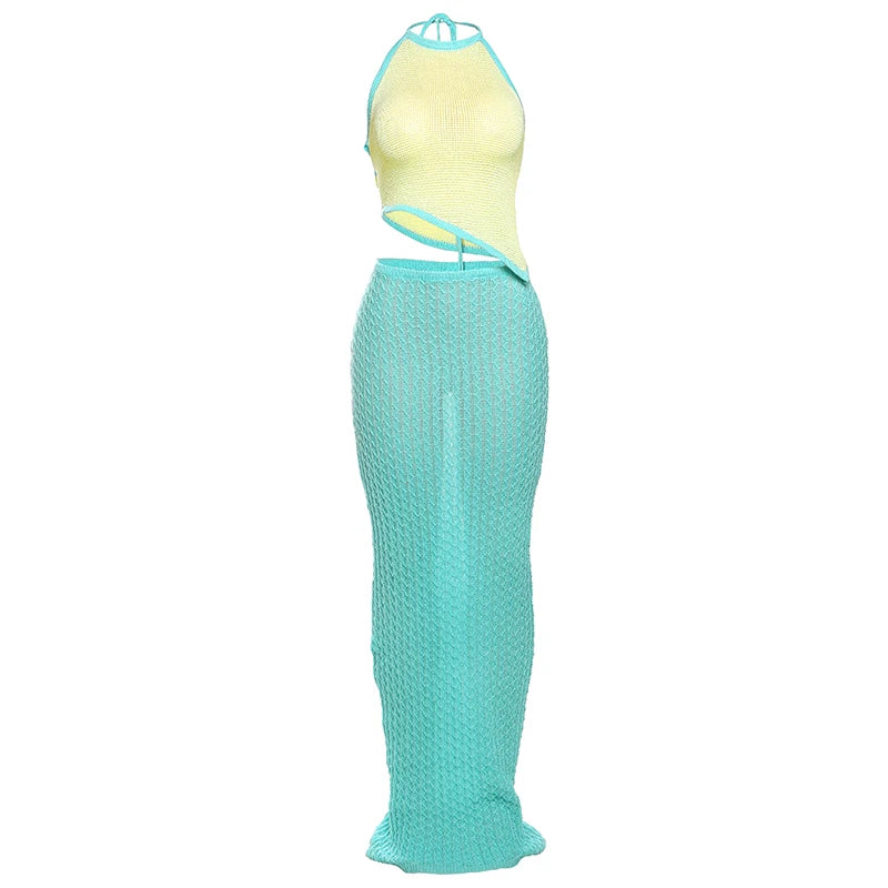 Crochet Beach Women 2 Piece Set Sleeveless Irregular Backless Halter Tank Tops + Maxi Skirts Vacation Matching Clubwear