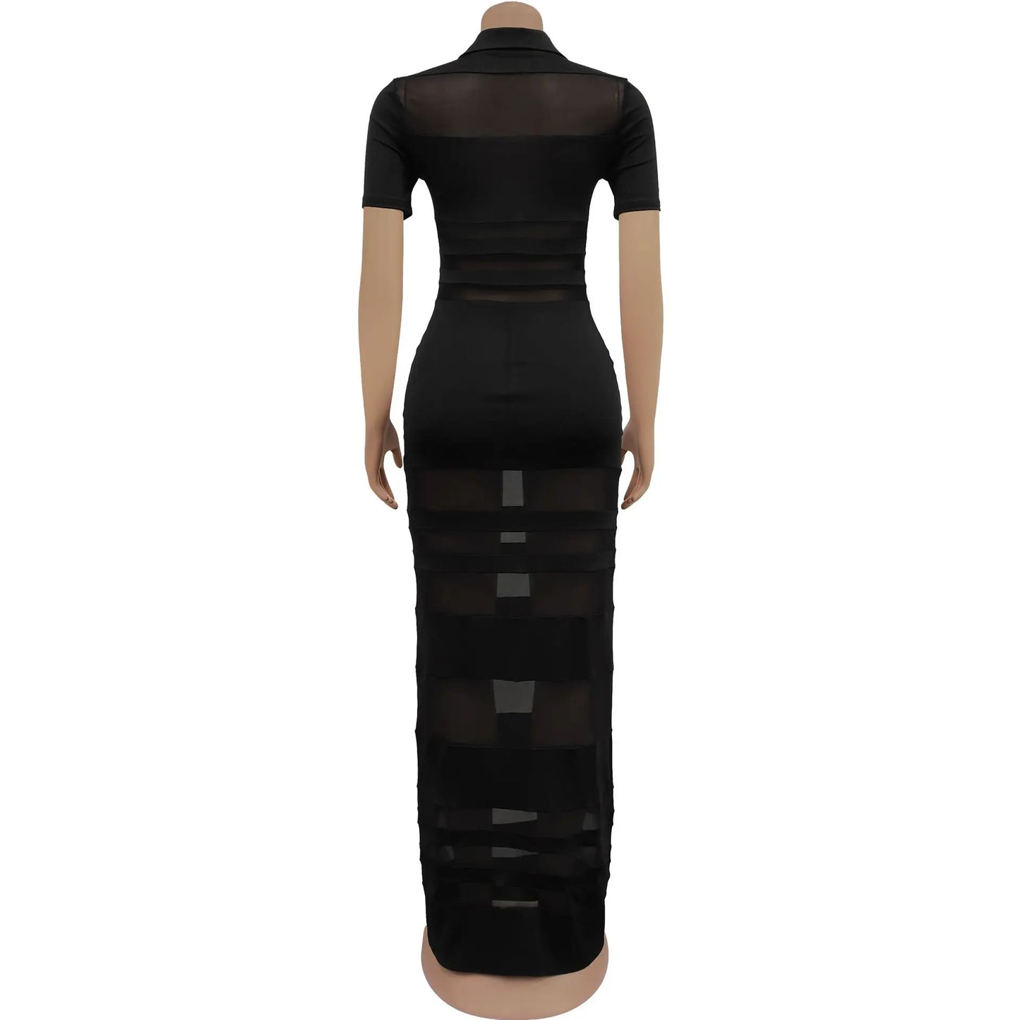 Sexy Women Turn Down Collar Short Sleeve Mesh Patchwork Striped Long Dress Vestidos