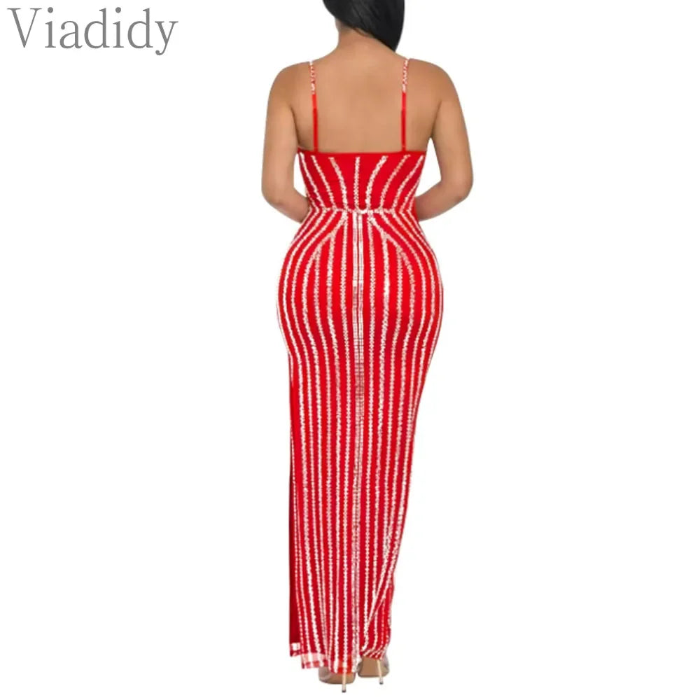 Women's Sexy Solid Color Spaghetti Strap Rhinestone Decor Deep V Neck Party Dress
