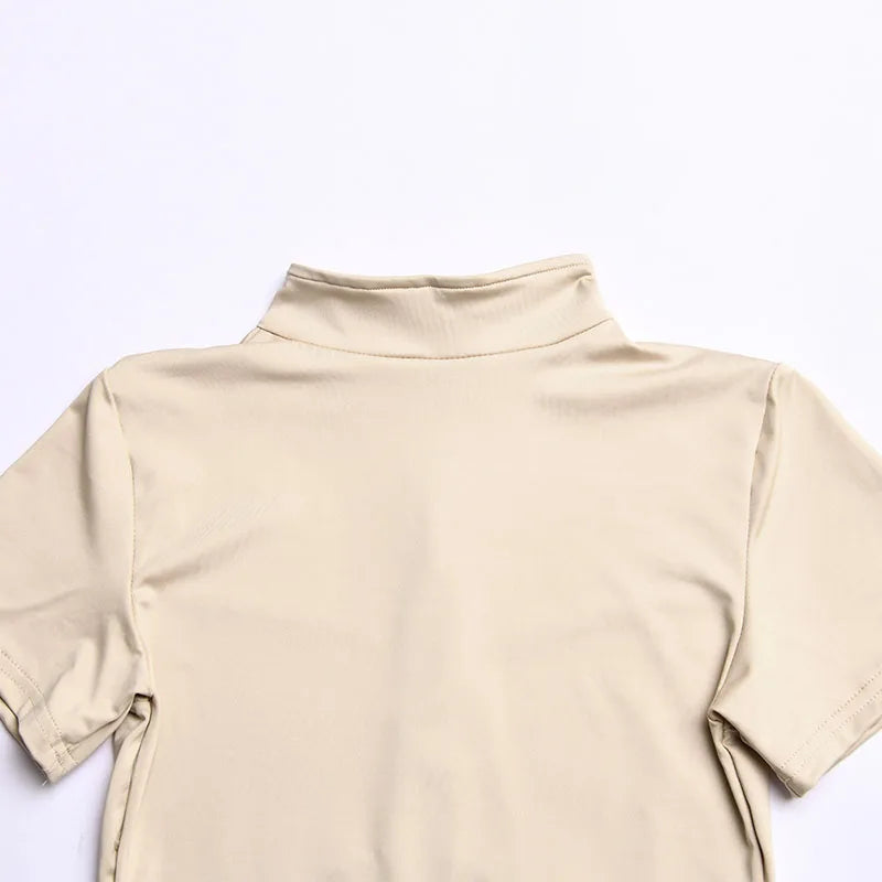 2025 Nieuwe dames jumpsuit effen kleur rits O-hals korte mouwen sport bodysuits dames zomer sexy slanke eendelige playsuits