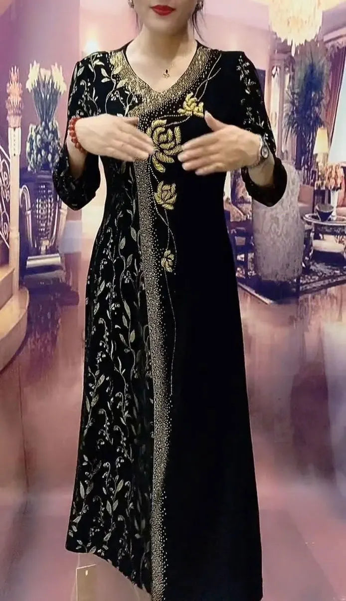 Commute Printed Elegant V-Neck Dresses Spring Autumn New A-Line Women's Clothing Long Sleeve Stylish Floral Diamonds Long Dress