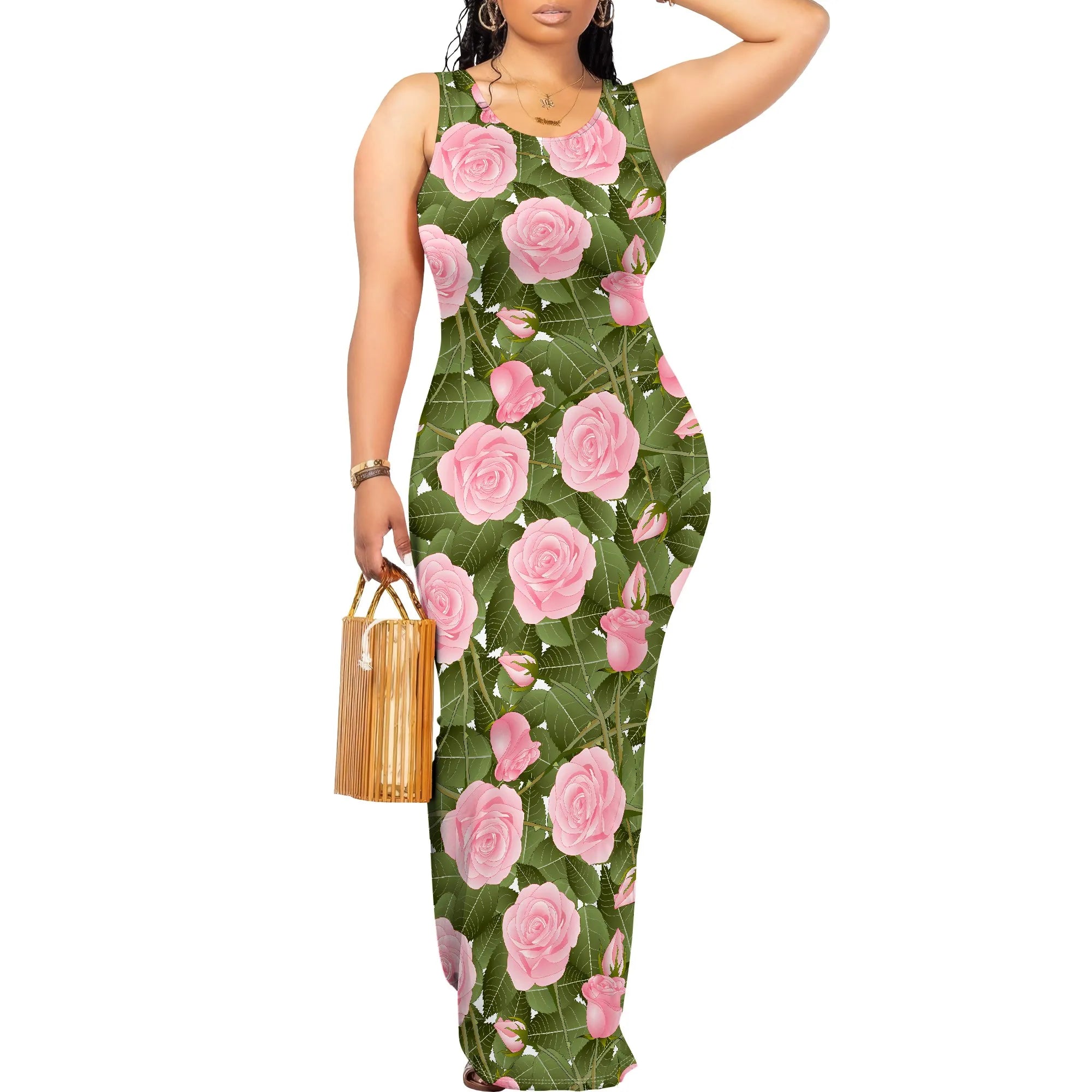 Boho Floral Sleeveless Maxi Dress for Women Vintage Burgundy Print Bodycon Long Dress Casual Spring Summer Outfit