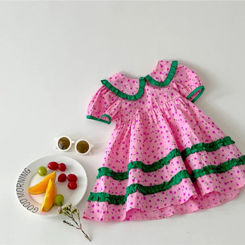 Summer Girls Clothing Dot Children Dress Pink Dresses for Kids 1-5Y
