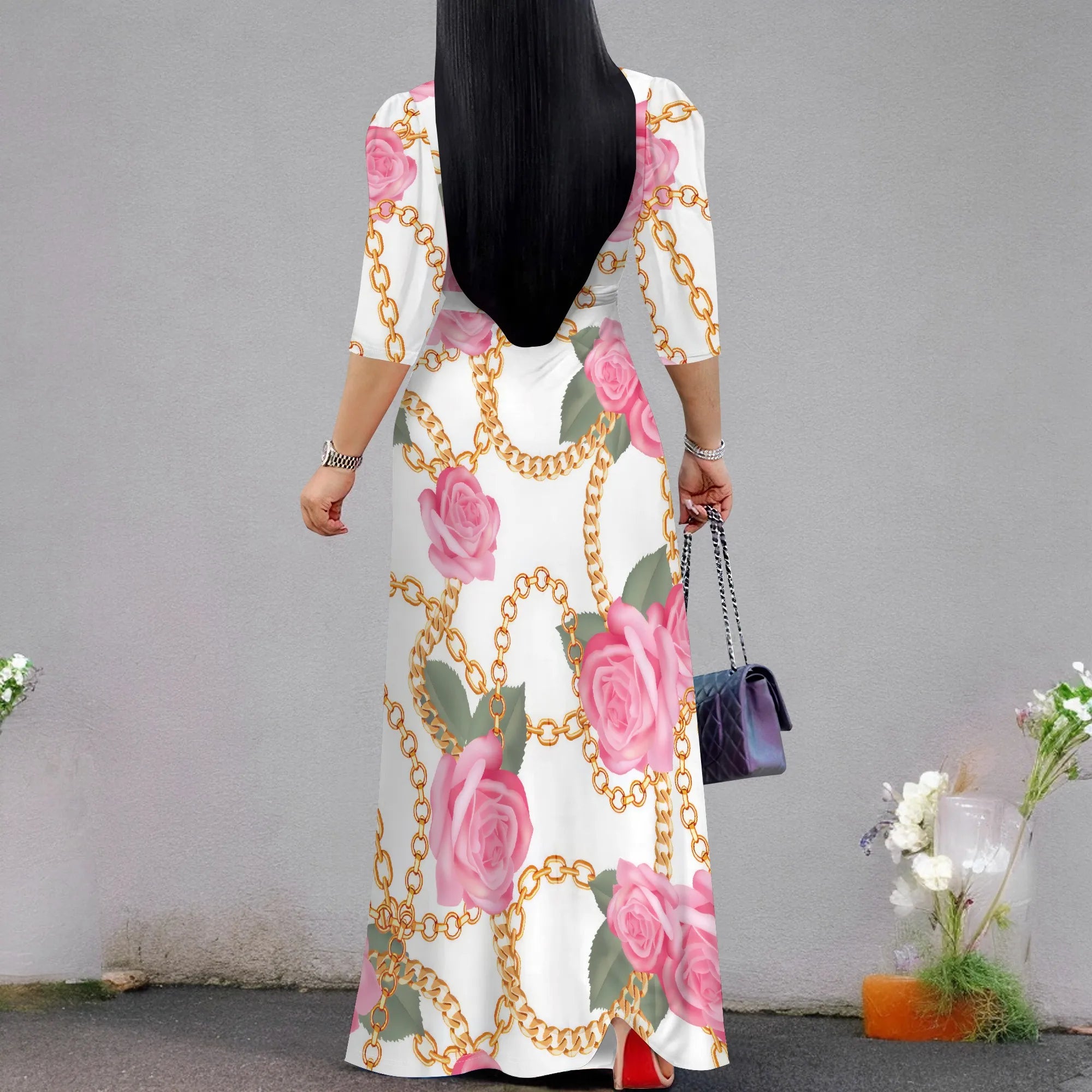 White Chain Rose Print Maxi Dress Women Elegant Floral Belted V Neck Summer Fashion
