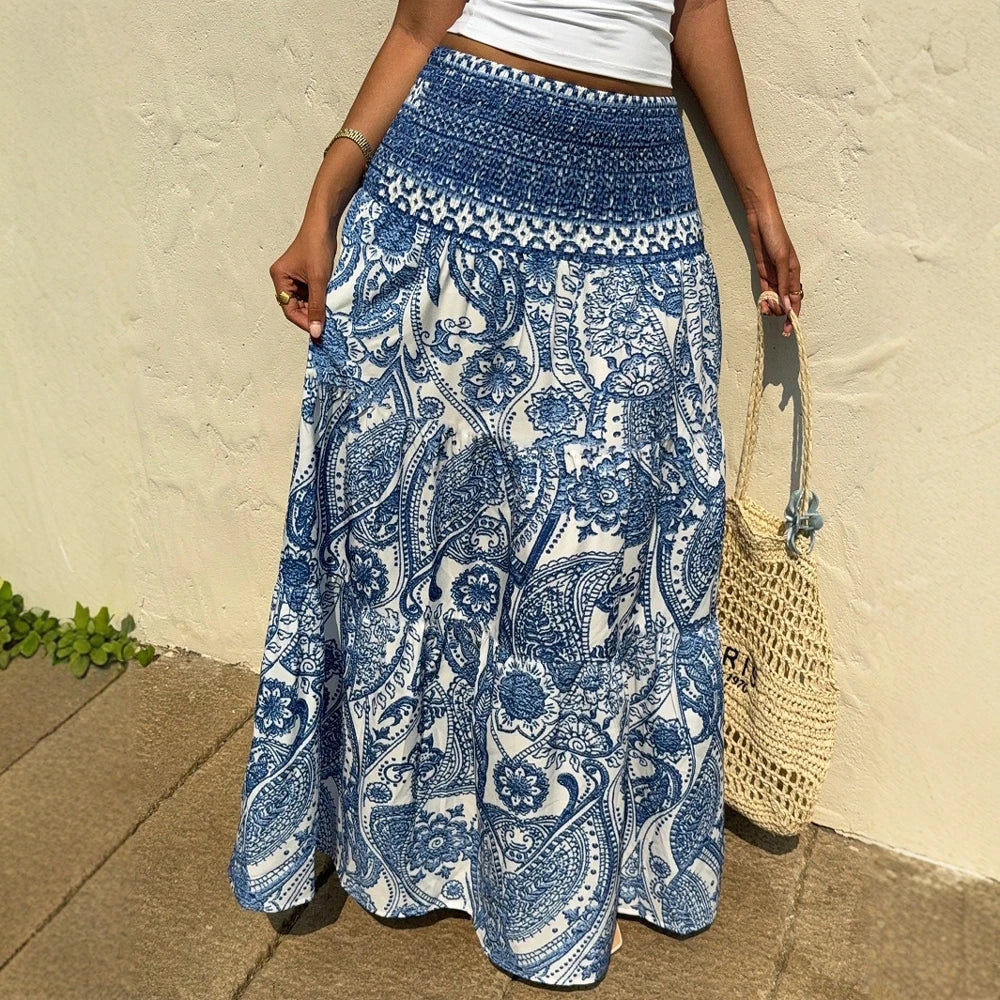 Women's Skirts Summer Elegant Fashion Korean 2025 Floral Retro Vintage A-Line Maxi Business Skirts