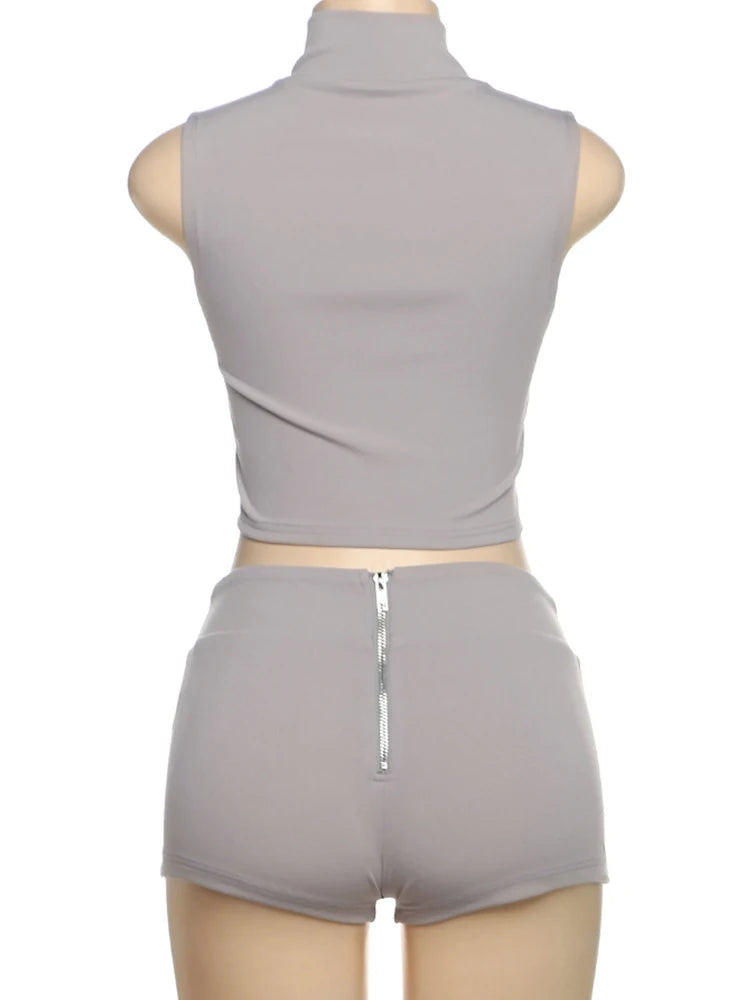 Lijnen Patchwork 2-delige set Dames Rits Cardigan Onregelmatige Crop Top + Skinny Peach Hip Shorts Eenvoudige Sportieve Straatkleding