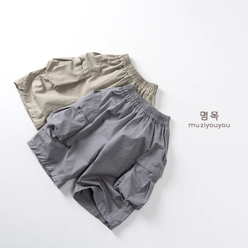 2025 Zomer Nieuwe Kinderen Casual Broek Katoen Jongens Veelzijdige Cargo Broek Effen Meisjes Dunne Losse Shorts Kinderen Outdoor Broeken 4-6Y Unisex