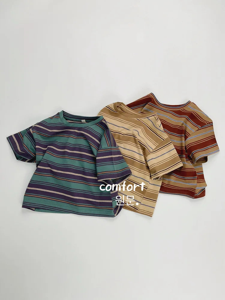 2025 Summer New Children Short Sleeve T-Shirts Cotton Baby Boy Girl Casual Striped Tees Toddler Versatile Tops Kids Clothes