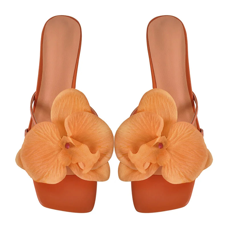 Women Square Toe Flower Mulesl Orchid Heels Slip On Thong 5CM Thin Heel Woman Sandals