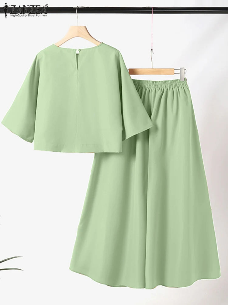 Women Causal 2PCS Pant Sets Loose 3/4 Sleeve Tops Wide Leg Pants 2-Pieces Outfits Solid Colour Fashion Commute Tracksuits