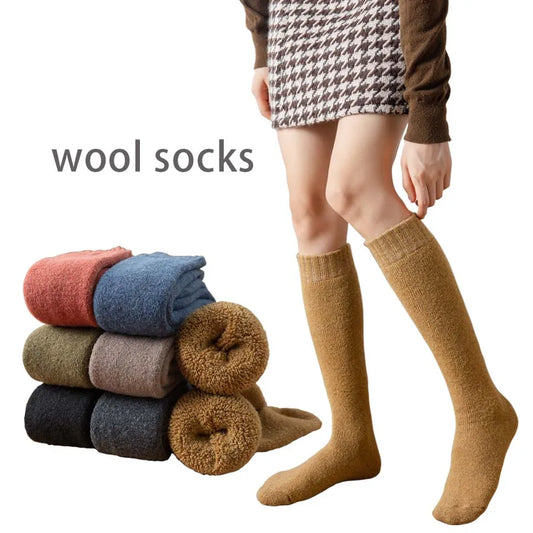 Winter Dames Merino Wol Hoge Knie Lange Sokken Dikke Warme Harajuku Retro Compressie Vrouwelijke Kasjmier Kousen