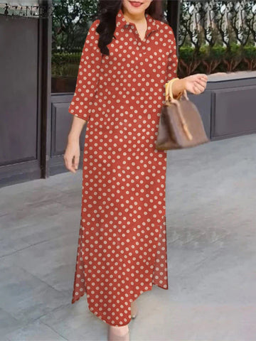 Polka Dot Vintage Shirtdress Women 2025 Autumn Loose Casual 3/4 Sleeve Turn-down Collar Vestidos Holiday Maxi Dress