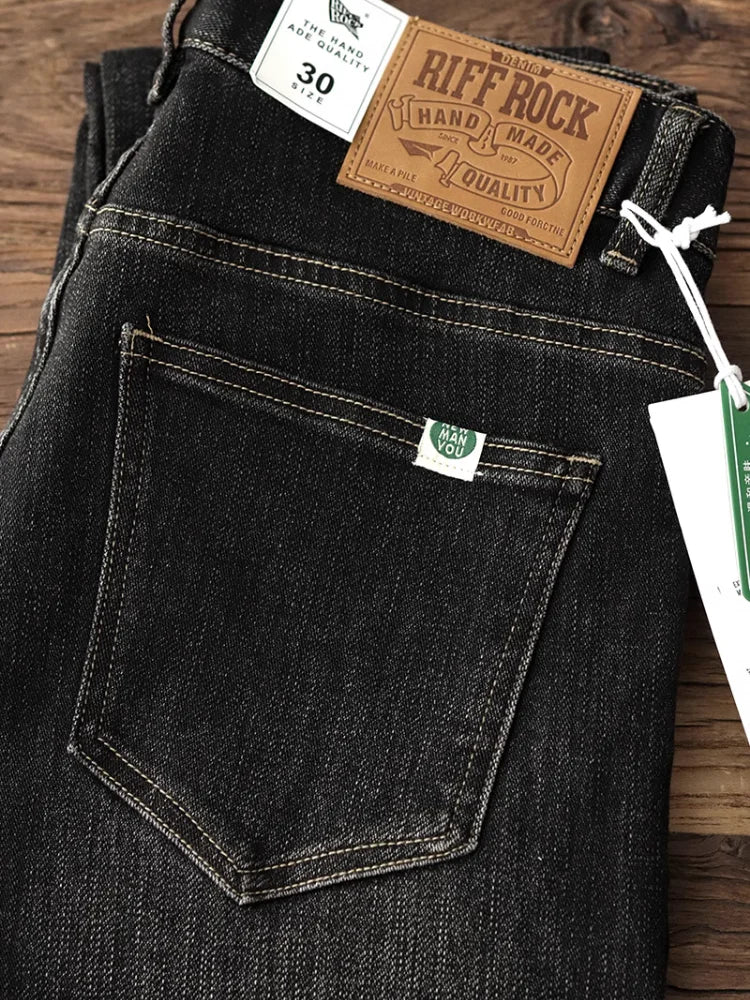Herfst Nieuwe Amerikaanse Retro Zware Zwarte Denim Stretch Jeans Heren Eenvoudige Gewassen Oude Casual Rechte Slanke Potloodbroek