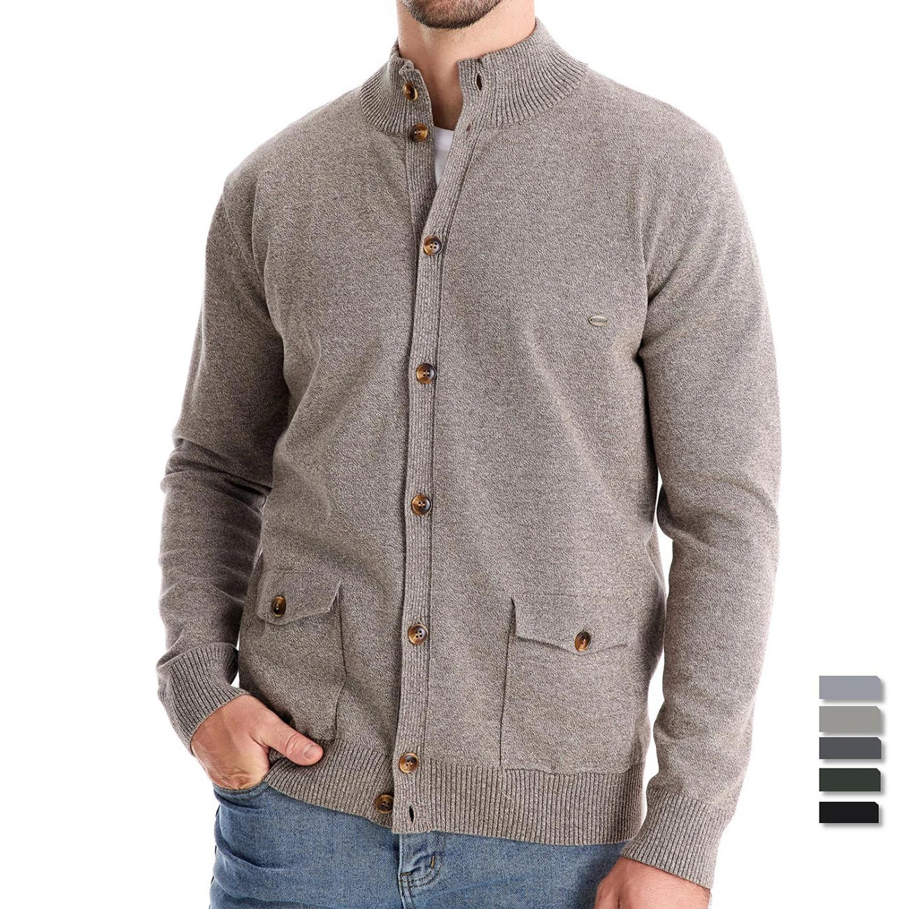 Men's Knitted Stand Mock Neck Cotton Cardigan Casual Social Autumn Button-Up Sweater Jacket for Men