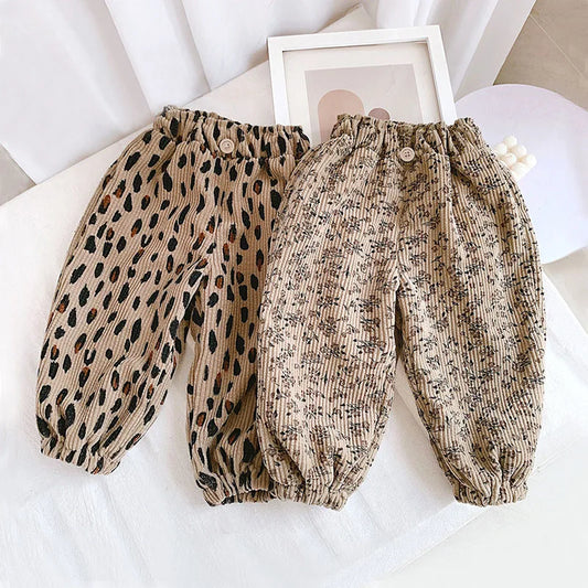 New Autumn Girls Boys Casual Pants Leopard Print Kids Corduroy Pants Loose Korean Version Fashion Children Trousers 1-8T Unisex