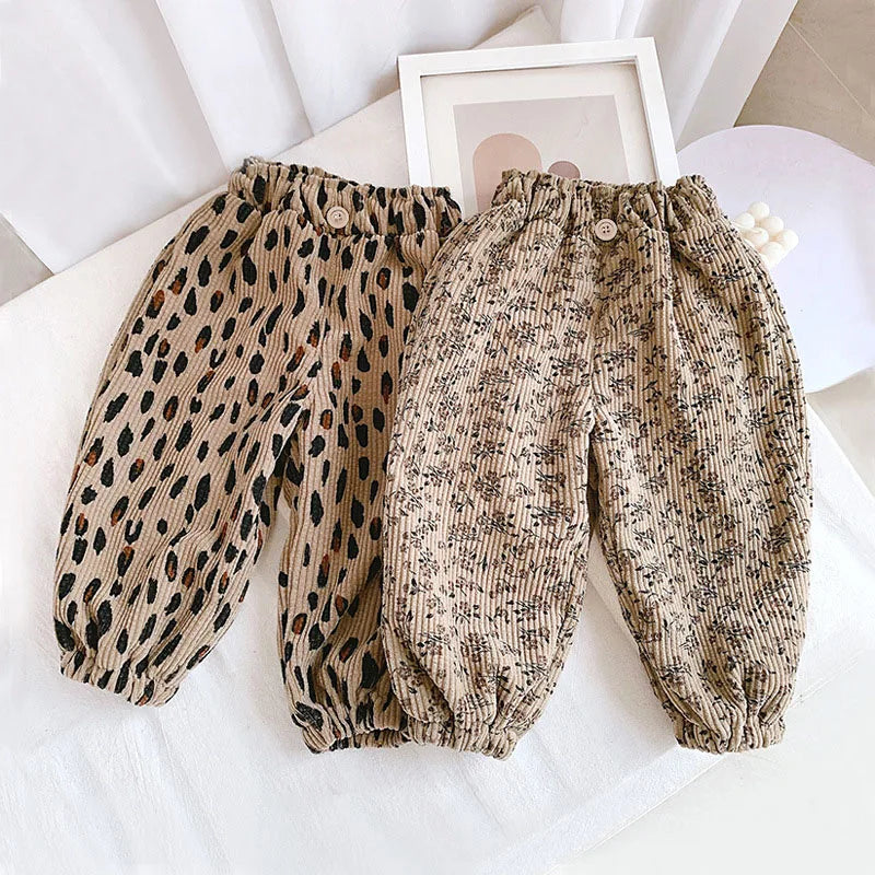 Nieuwe herfst meisjes jongens casual broek luipaardprint kinderen corduroy broek losse Koreaanse versie mode kinderbroeken 1-8T unisex