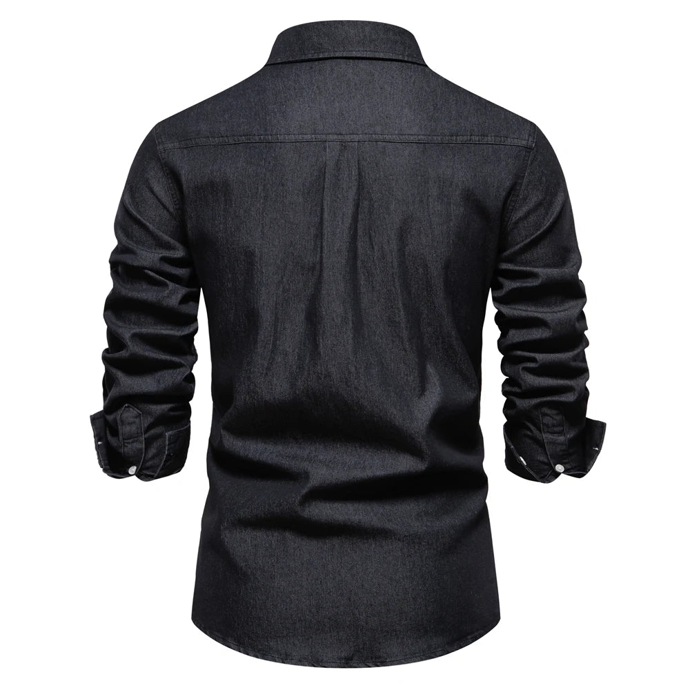 Men's Autumn Cotton Denim Shirt Solid Colour Single Pocket Casual Long Sleeve Jeans Shirt for Men