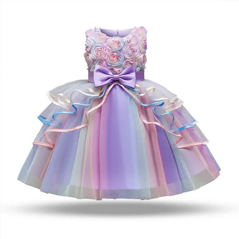 Fashion Girl's Dress Summer Rose Princess Dress Patchwork Mesh Performance Costume Children's Birthday Gown 3-8Y Girls
