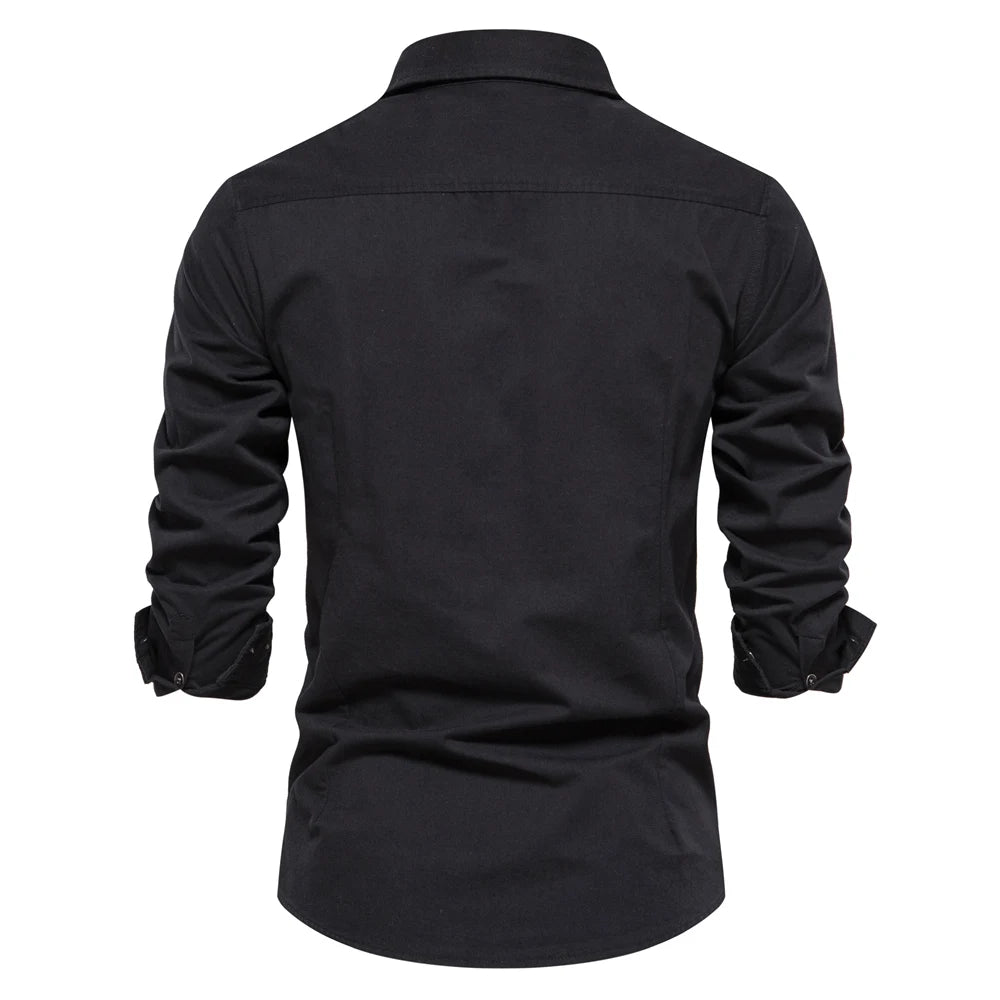 Men's Autumn Military Style 100% Cotton Pocket Shirt Solid Colour Slim Casual Long Sleeve Male Shirt For Men
