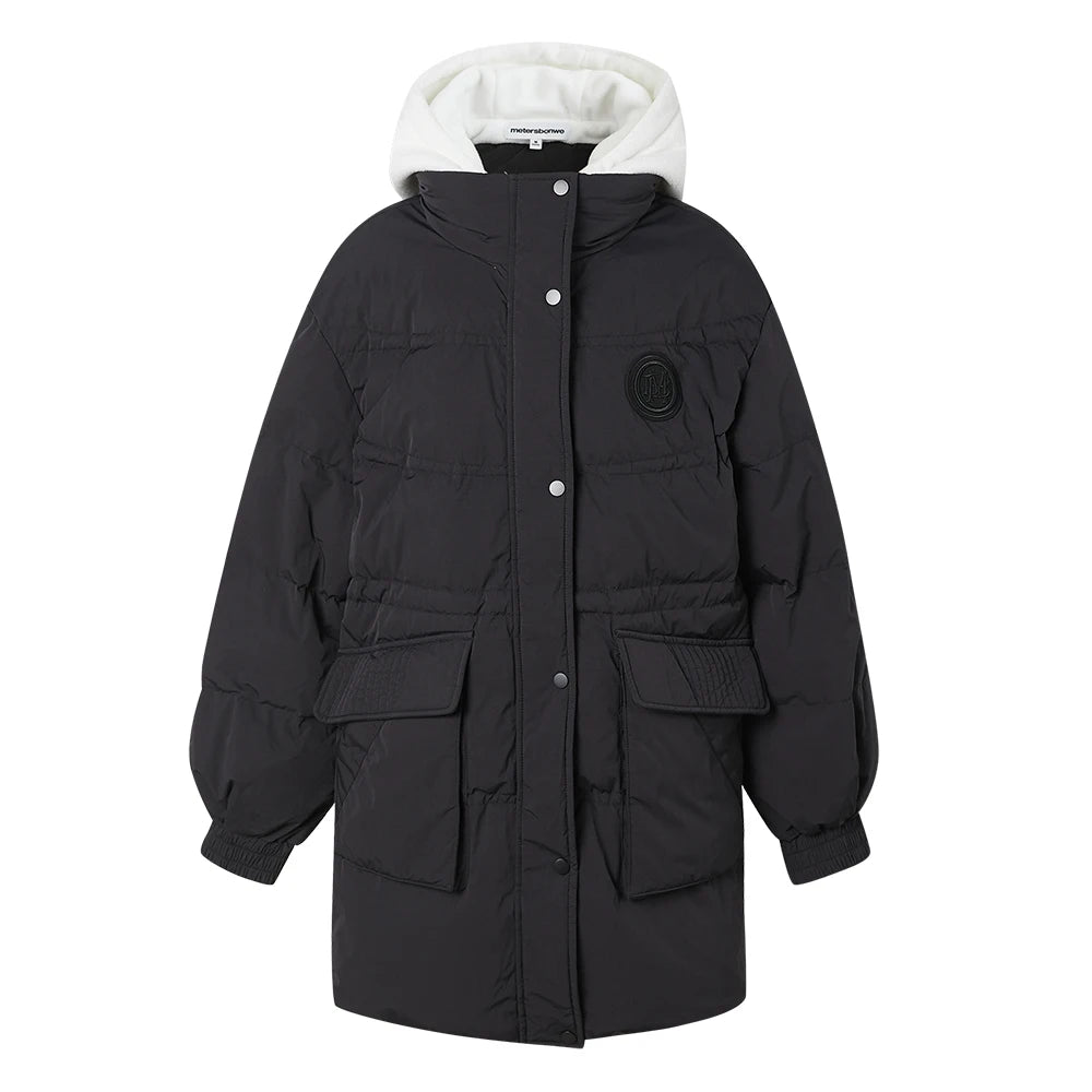 Women's Faux Two-Piece Mid-Length Puffer Jacket With Cosy Polar Fleece Lining, Hooded Warmth Loose Duck Down Coats For Ladies