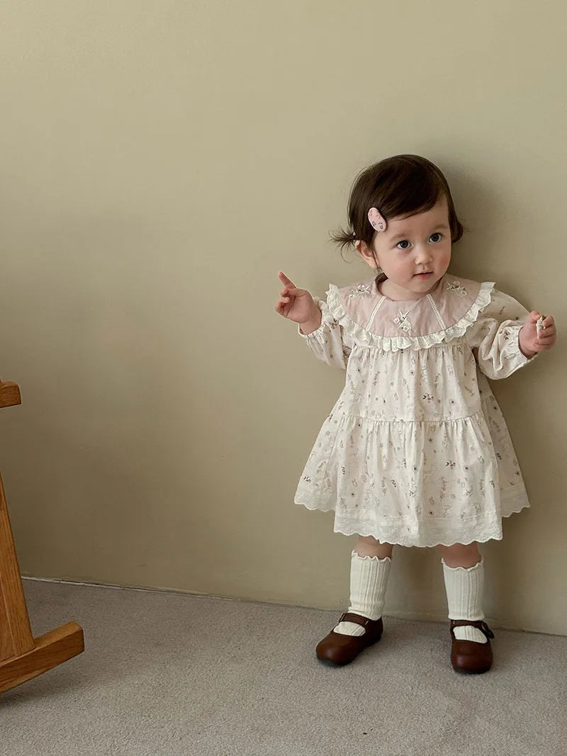 New Autumn Girls Flower Dress Cartoon Bunny Lace Kids Princess Dress Loose Korean Version Children Clothes 9M-5T Girls