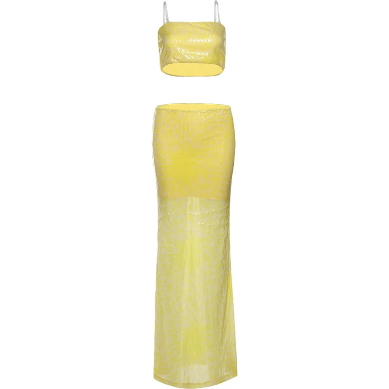 Sequins 2-Piece Set Women Glitter Tube Tops + Long Skirts Skinny Summer Trend Beach Party Matching Vacation Sexy Suit