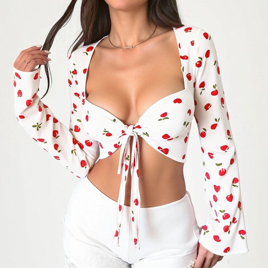 Women's T-shirts Summer Comfortable Elegant 2025 Cherry Print Sexy Long Sleeve Sweetheart Neck Sweet Dating T-shirts