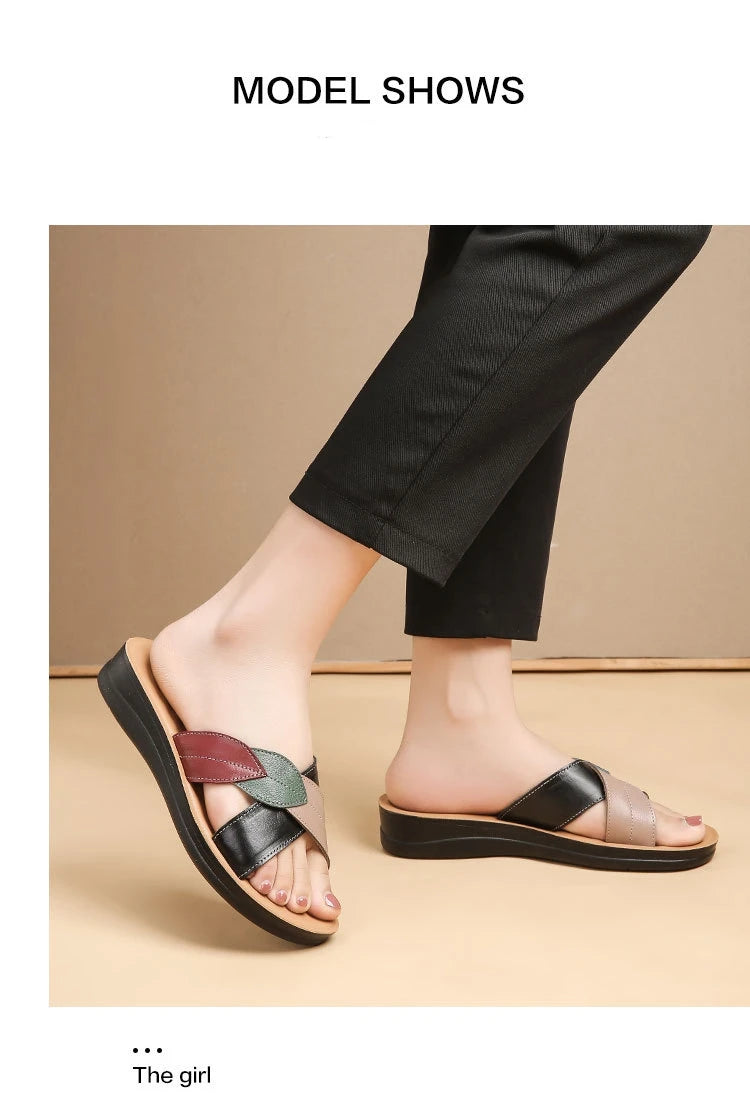 Women Female Ladies Mother Genuine Leather Shoes Sandals Platform Slipper Summer Cool Beach Soft Slip On Outside