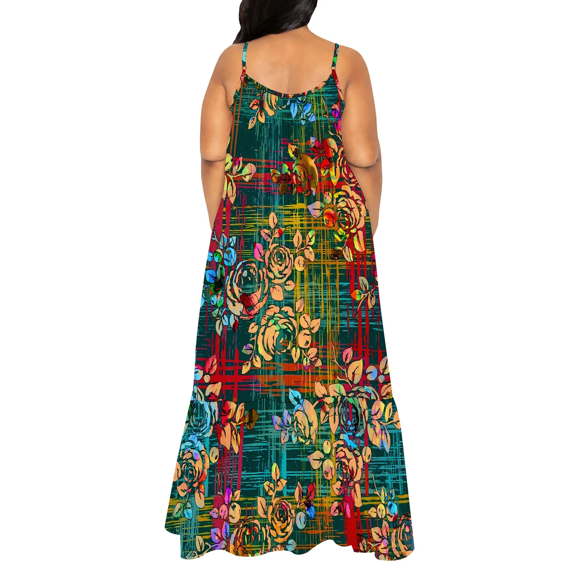 Colorful Plaid Floral Maxi Dress for Women Sleeveless Casual Spaghetti Strap Vacation Outfit