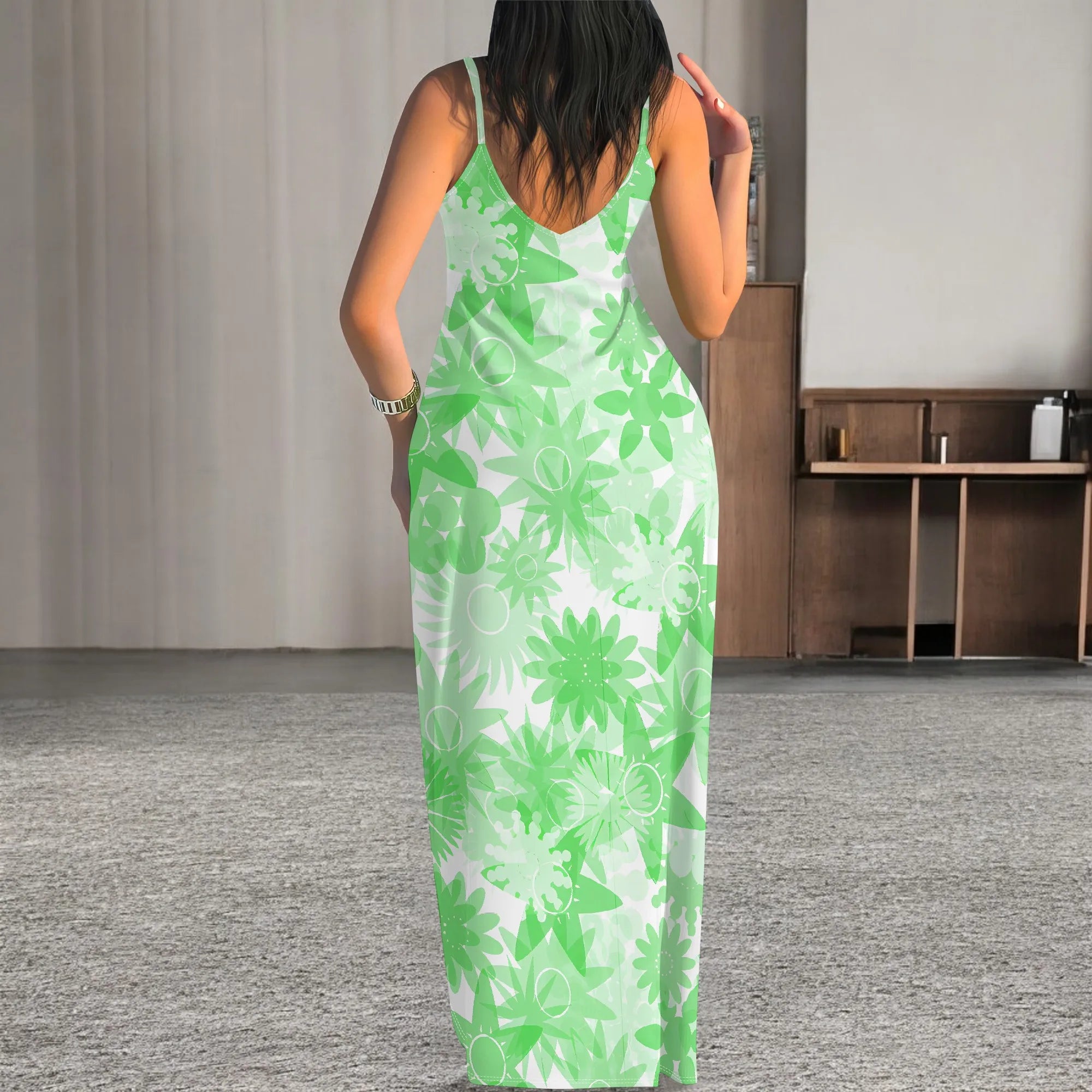 Summer Vacation V Neck Spaghetti Strap Maxi Dress Green Abstract Floral Print Beach Sundress