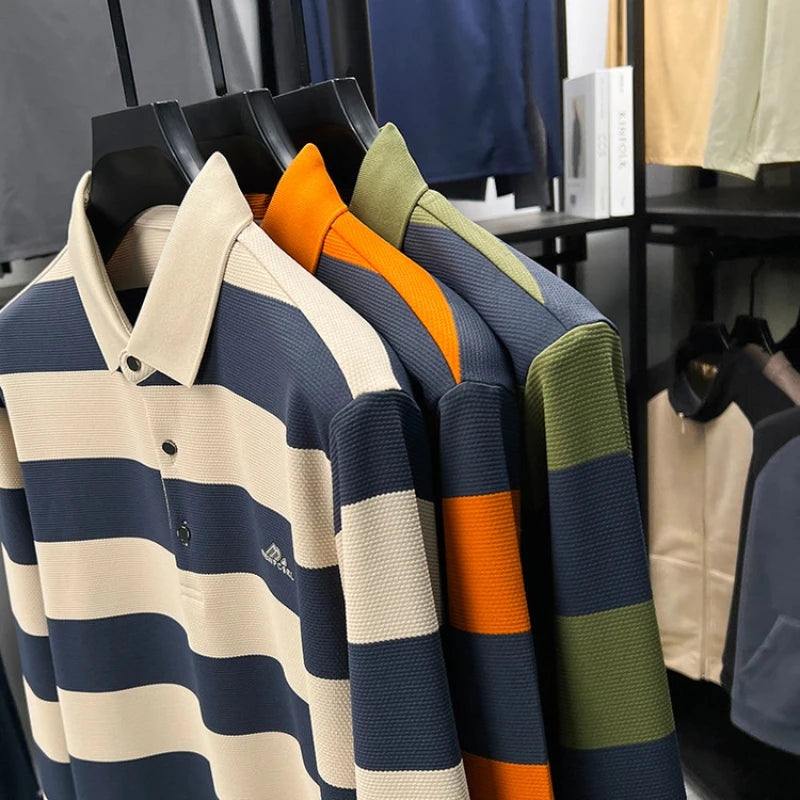 Men's Autumn Long Sleeve Polo Shirt Colourful Striped, Stretchy Double-sided Pique Knit Fabric