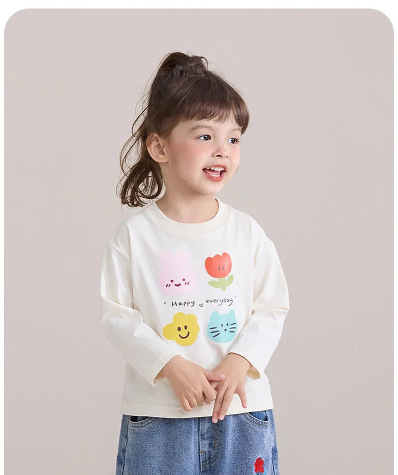 New Spring Girls Boys Cute T-shirt Kids Cartoon Letter Star Flower Undershirts Children Thin Style Bottoming Shirt 7T Unisex