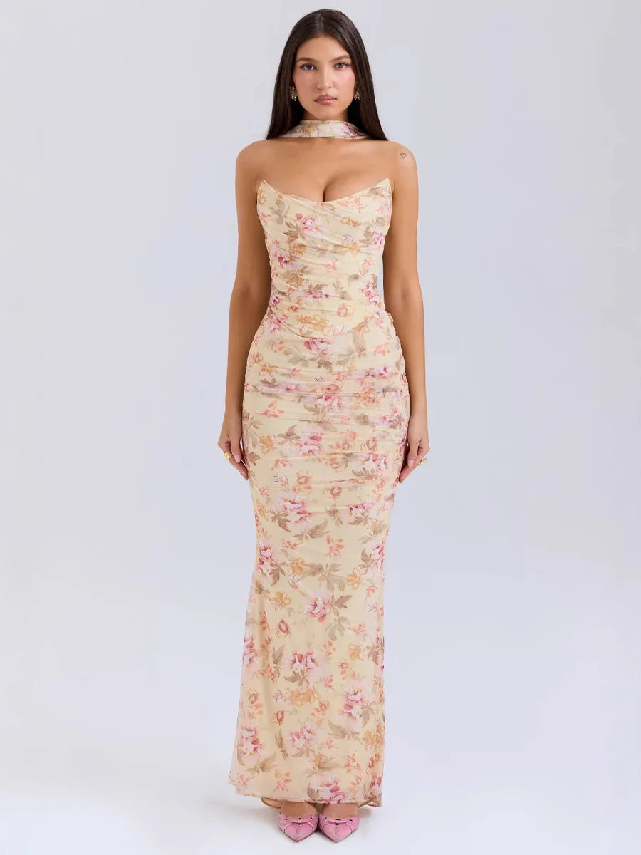 Elegant Women 2 Piece Dress Set 2024 Strapless Bodycon Crop Top and Maxi Skirt Set Formal Wedding Guest Party Dress