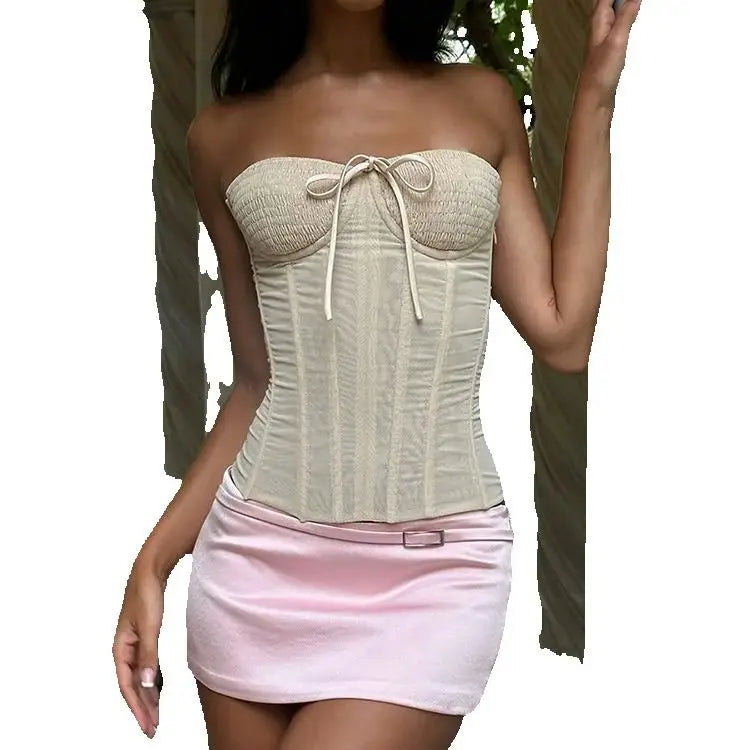 Sweet Style 2 Piece Set Women Off Shoulder Shirring Patchwork Corset Tops + Metal Rings Satin Skirts Elegant Outfits For Women